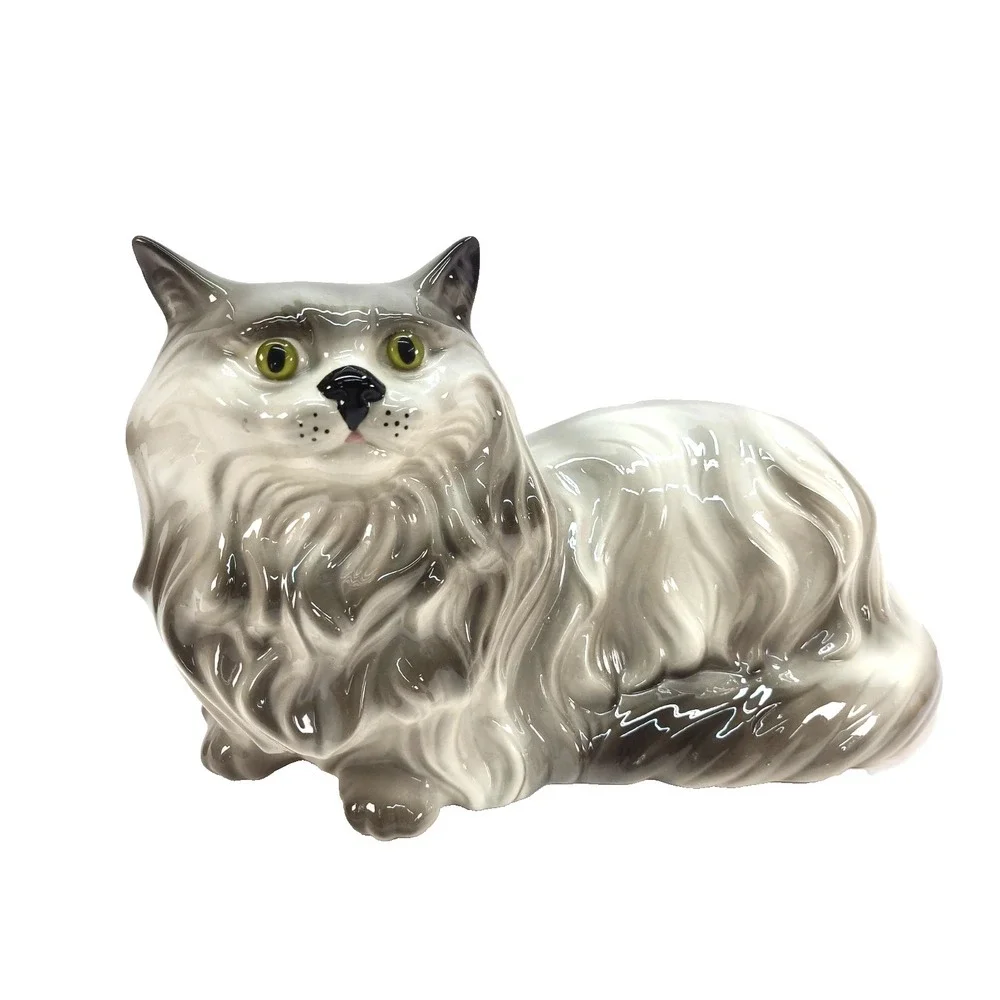 Vintage Large Ceramic Cat Grey Persian MCM Glossy Glaze Finish 17